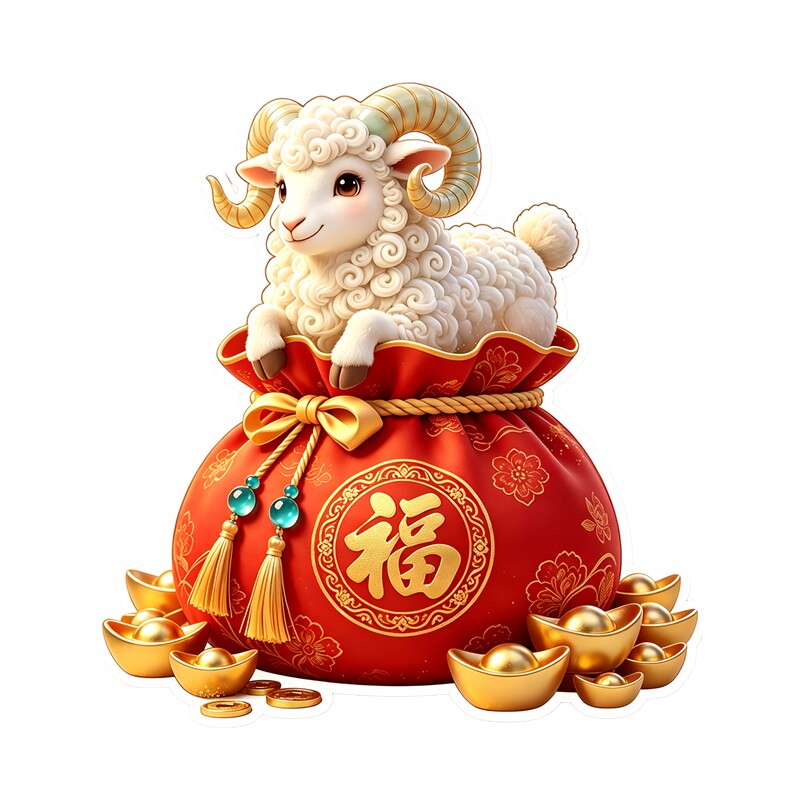 福袋小羊墙贴羊年贴纸吉祥元宝铜钱纹样新春过年防水自粘装饰贴画