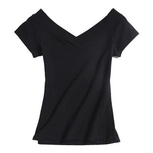 夏新款黑色低领短袖t恤女显瘦纯棉双V领紧身前后大领口打底衫上衣