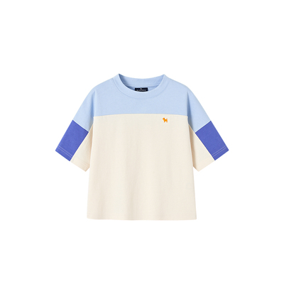 BLUEDOG蓝狗韩国夏季新款彩色拼接七分袖T恤夏装女童男童短袖