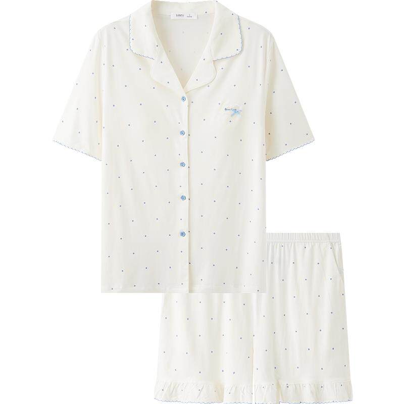 三福女夏季带杯排扣睡衣套装 甜美宽松外穿短袖家居服517799