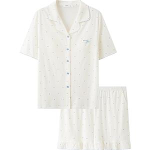 三福女夏季带杯排扣睡衣套装 甜美宽松外穿短袖家居服517799