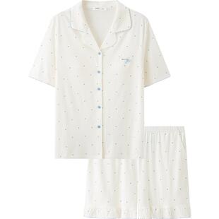 三福女夏季带杯排扣睡衣套装 甜美宽松外穿短袖家居服517799