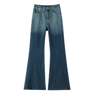 加绒流星雨烫钻渐变喇叭牛仔裤女秋冬2025新款宽松潮流时髦拖地裤
