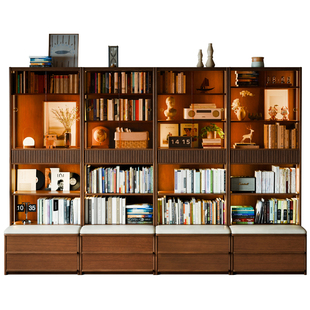 实木客厅书柜一体整墙组合满墙带玻璃门书橱展示柜靠墙储物柜书架