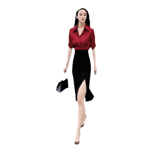 网红爆款时尚两件套裙女2025夏装新款性感露肩显瘦短袖+开叉长裙