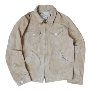 SONOFLOONG复古水洗做旧门多萨夹克羊皮机车皮衣咔叽潮RRL月亮兜