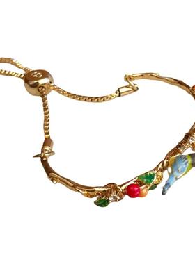 18K镀金森系珐琅彩釉雏菊镶钻花朵树叶小鸟可调节手链手镯女手环