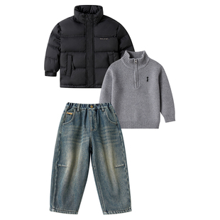 童装男童套装冬季新款儿童90绒羽绒服毛衣加绒牛仔裤三件套中大童