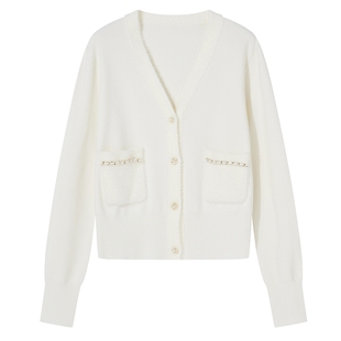 Goodland美地女装春季法式优雅小香风V领羊毛针织开衫