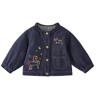 [7A抑菌]女童牛仔外套儿童春季法式花边领刺绣上衣洋气时髦衣服春