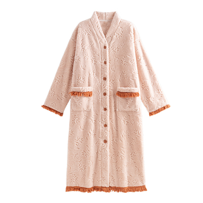珊瑚绒睡袍女冬加厚粉色长款浴袍