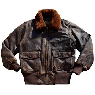 G1 复仇者空军飞行服可拆卸羊毛领重水洗做旧茶心牛皮真皮衣男女