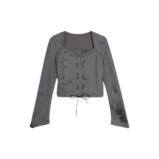 西町村屋衬衫女秋新款文艺休闲感绑带印花修身长袖小衫HC8105006