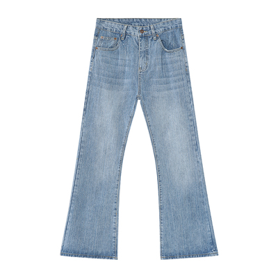 竹节纹浅蓝色直筒微喇叭牛仔裤男