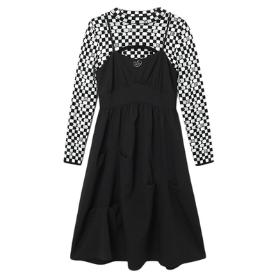 长袖圆领格纹吊带连衣裙鸟撤柜款