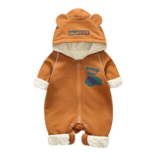婴儿秋冬外出薄绒连体衣男宝宝反光小熊双层外套女春秋款抱服哈衣