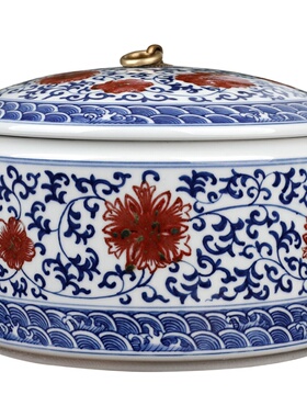 青花釉里红陶瓷茶叶罐创意个性时尚家居摆件复古风带盖储物罐茶缸