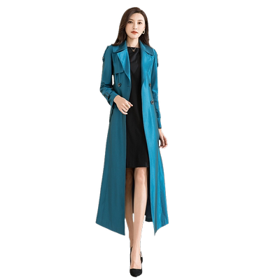 蓝色西装领修身过膝双排扣外套