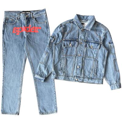 Sp5ider 555555 denim jean jacket 印花牛仔长裤外套套装