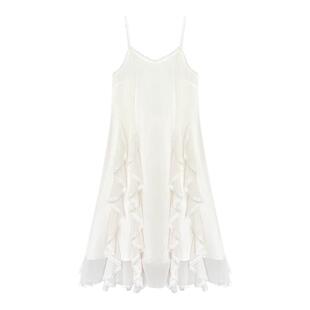 通勤超仙通勤淑女范V领蕾丝荷叶边吊带连衣裙女度假风气质长裙