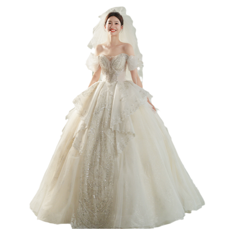 Obride【宝莉】婚纱2024新款大码一字肩高端婚纱显瘦小个子主婚纱