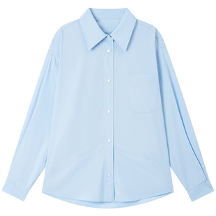 Halo Luu蓝色衬衫女春季新款韩系休闲纯棉宽松慵懒风外套长袖衬衣