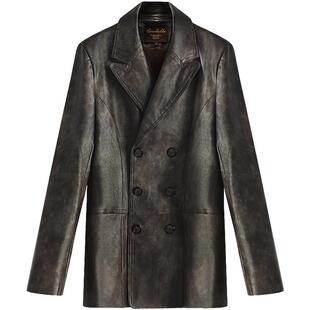 COCOBELLA复古双排扣PU西装手工擦色时尚环保皮衣夹克外套PU3099