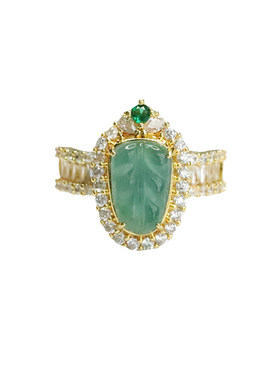 天然A货翡翠冰种金枝玉叶叶子排镶满钻戒指蓝水玉石树叶女士指环