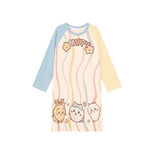 2026新款纯棉长袖女童睡裙卡通可爱撞色条纹中长款春秋款家居服
