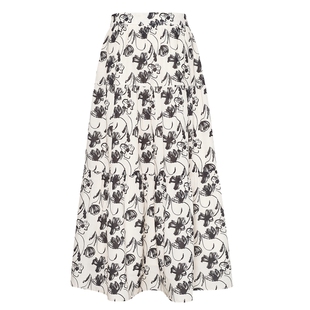 伊芙丽outlets店分层式蛋糕黑白花A型长款半身裙春夏茶歇裙子女裙