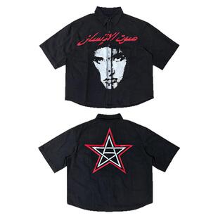 Human Voices水洗做旧人像印花廓形短衬衫男女夏季休闲宽松短袖