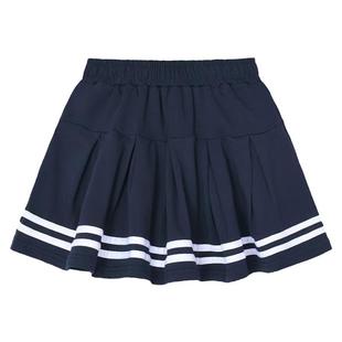 儿童深蓝藏青色百褶裙子学院风女童半身短裙双白条纹小学生校服裙