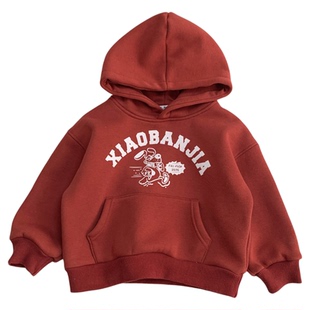 儿童加绒连连帽卫衣秋冬一体绒帽衫2025新款男童新年红色洋气上衣