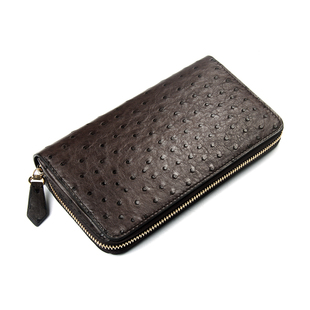 聚变手工皮具高端定制深棕色鸵鸟皮侧连接皮版梯形男士拉链手拿包