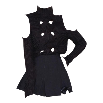 For Love and Lemons结构缆线露肩镂空交叉针织高领毛衣女