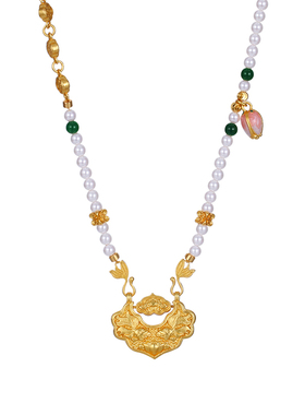 古法沙金平安锁珍珠项链女