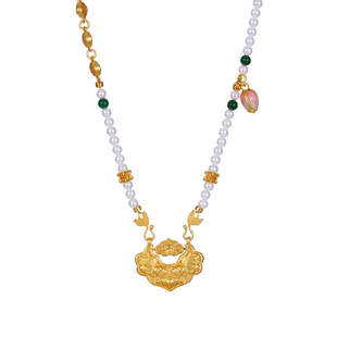 新中式古法沙金平安锁吊坠珍珠项链女配饰轻奢小众长款国风毛衣链