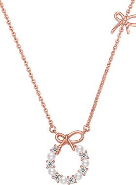 T周六福S925银蝴蝶结项链淡水珍珠蝴蝶结送女友节日礼物