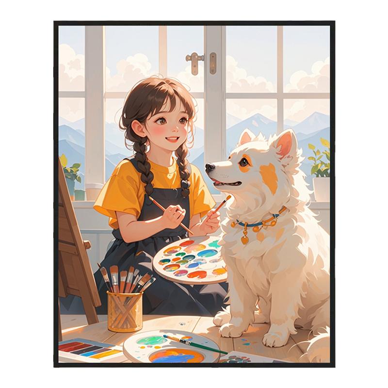可爱女孩与猫咪卧室装饰画摆件