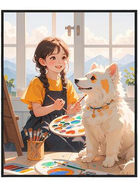 可爱女孩与猫咪卧室装饰画摆件
