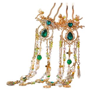 唐风汉服步摇长流苏发饰古风绿色系发钗头饰日常风古装掩鬓配饰品