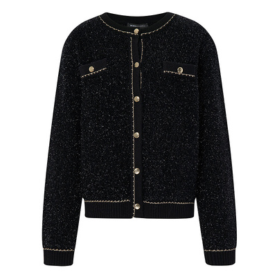 BCBG秋冬女装时尚百搭通勤亮丝金属扣织带饰边小香风针织开衫外套