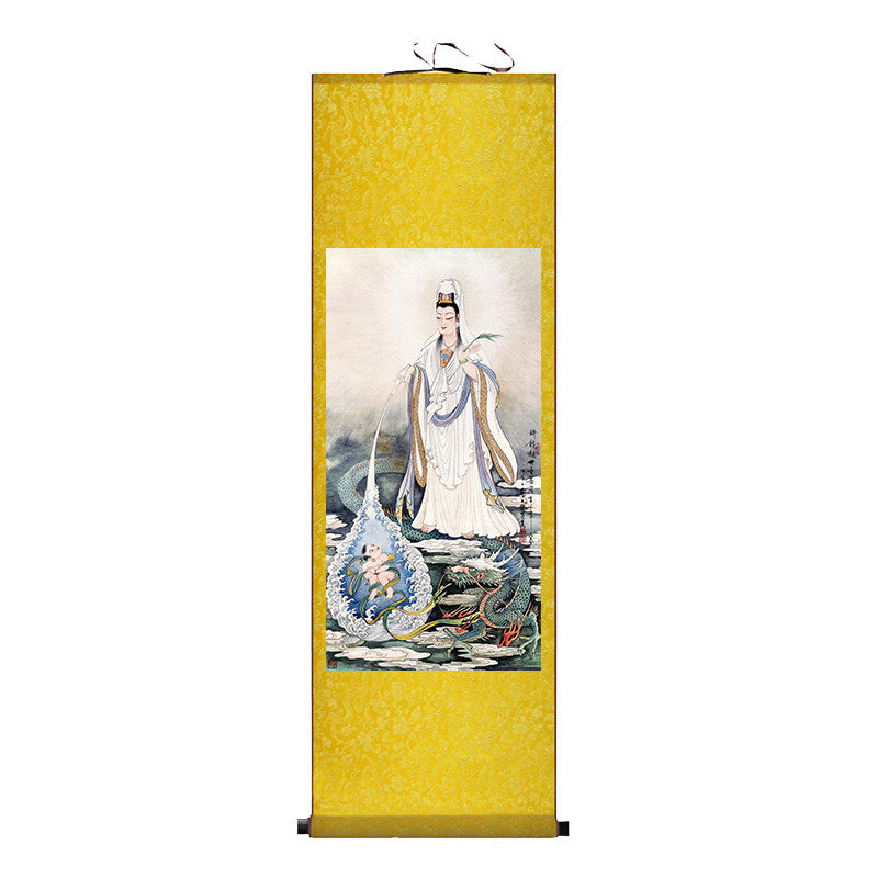 观音菩萨画像佛堂寺庙供奉挂画保平安送子观世音丝绸画家用客厅画