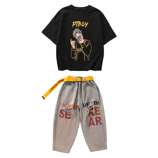 儿童街舞潮服嘻哈男童破洞牛仔裤hiphop套装演出服女童爵士舞服装