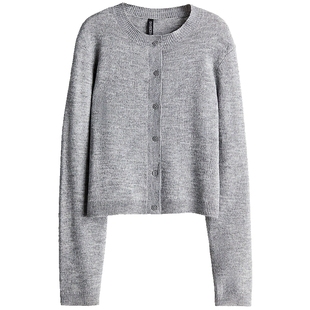 HM女装毛针织衫冬季圆领长袖时尚简约细密针织miu系开衫1245736