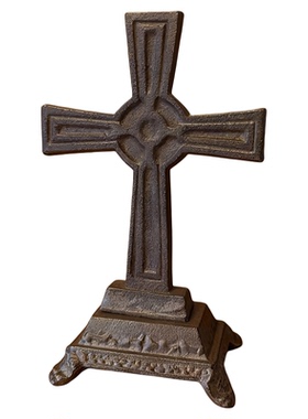 欧洲复古铸铁十字架摆件家居装饰桌面工艺品金属底座深红做旧色