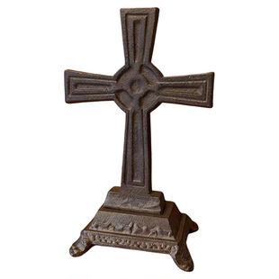 欧洲复古铸铁十字架摆件家居装饰桌面工艺品金属底座深红做旧色
