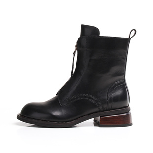 嘉俪多女鞋欧美短靴牛皮粗中跟春冬皮里前拉链圆头2025新款时尚