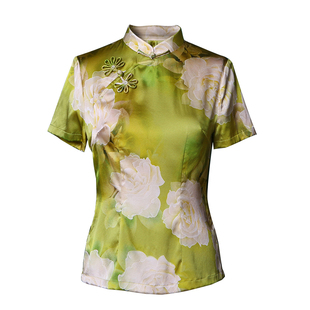 蝶恋绿诗茵 旗袍上衣女夏款复古改良真丝短袖崔万志唐装女上衣