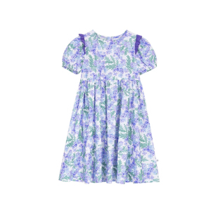 女童夏装新品连衣裙夏季泡泡袖撞色木耳边甜美中大童碎花裙子